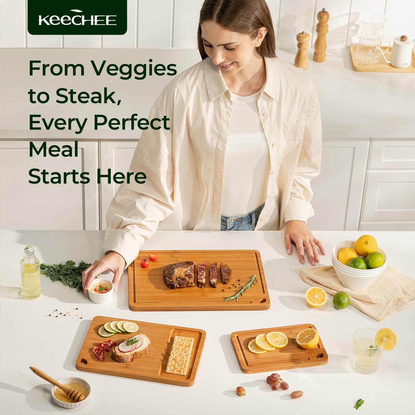 Keechee Bamboo Cutting Board, Durable Wood Cutting Boards for Kitchen with Deep Juice Grooves & Built-in Handles, Ideal Charcuterie & Chopping for Meat, Vegetables and Fruits Ideal Kitchen Gifts