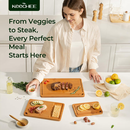 Keechee Bamboo Cutting Board, Durable Wood Cutting Boards for Kitchen with Deep Juice Grooves & Built-in Handles, Ideal Charcuterie & Chopping for Meat, Vegetables and Fruits Ideal Kitchen Gifts