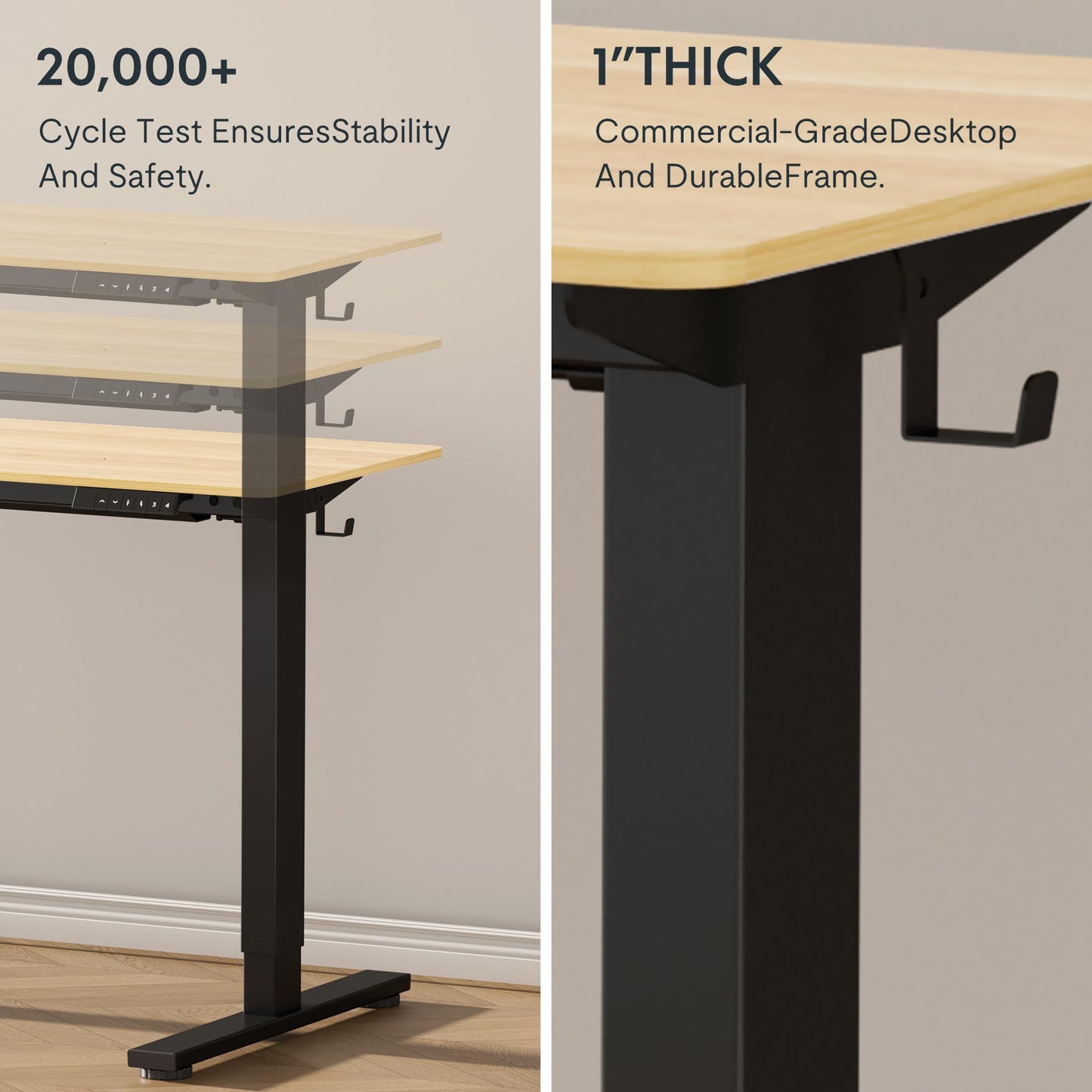 FLEXISPOT EN1 Whole-Piece Standing Desk 60"x24" Height Adjustable Desk, Electric Sit Stand Desk Home Office Table Standing Desk (Black Frame + Maple Top, 2 Packages)