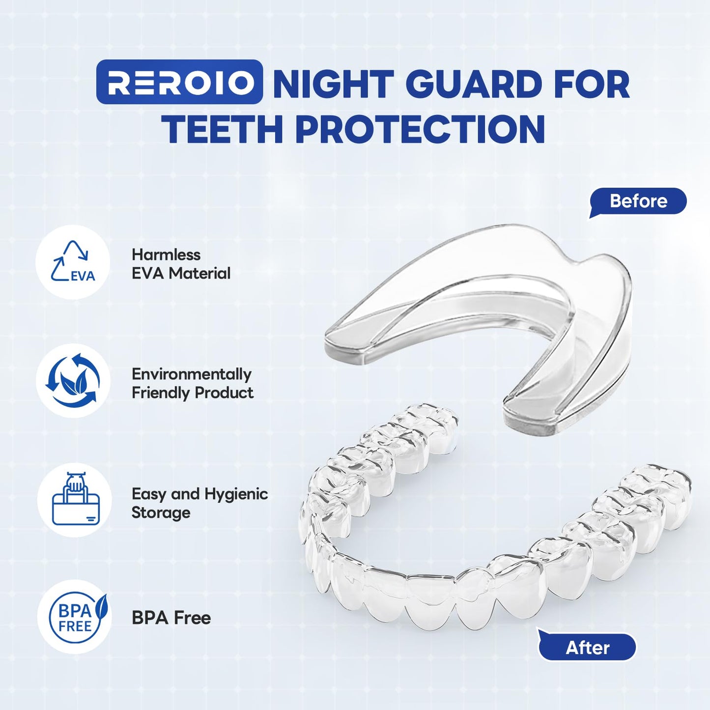 REROIO Anti Grinding Guard, Mouth Guard for Grinding Teeth at Night, Mouth Guard for Sleeping, Perfect fit Night Guards for Teeth Grinding, Reusable Mouthguard for Adults