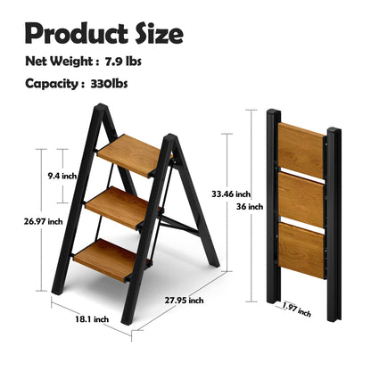 Taranta 3 Step Ladder,Aluminum Lightweight Folding 3 Step Stool with Anti-Slip Wide Pedal, 330lbs Capacity Step Ladder for Household,Kitchen,Office - BlackWoodgrain