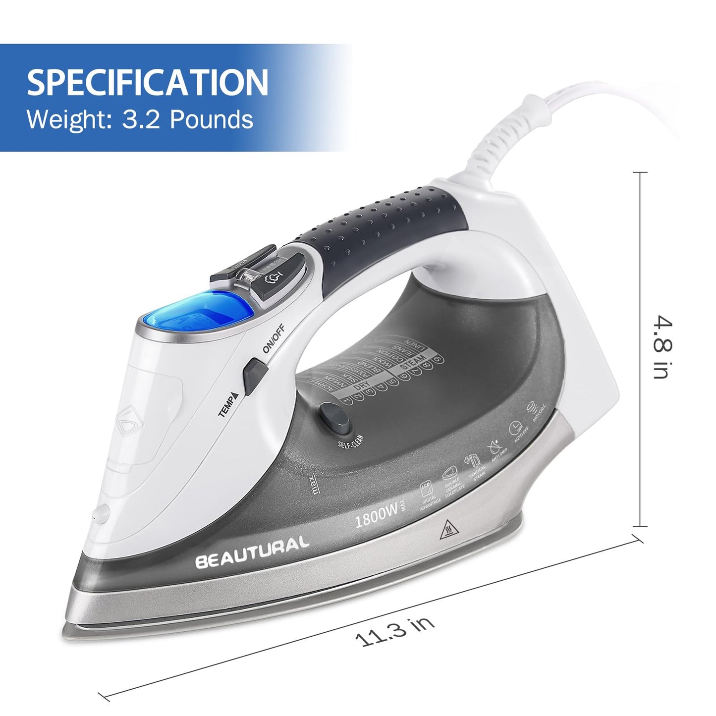 BEAUTURAL 1800-Watt Steam Iron with Digital LCD Screen, Double-Layer and Ceramic Coated Soleplate, 3-Way Auto-Off, 9 Preset Temperature and Steam Settings for Variable Fabric Gray