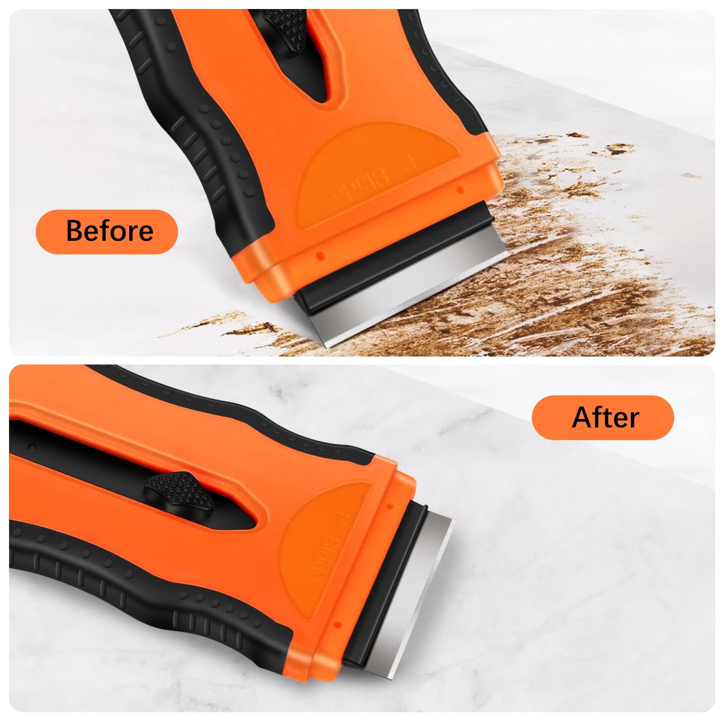 DEKEones Razor Blade Scraper, 2 Pack 2-in-1 Retractable Double-ended Razor Scraper Tool with 20PCS Plastic and Metal Razor Blades, Multi-Purpose Scraping Tool for Cleanning Cooktop, Oven (Orange）