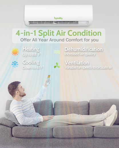 Wifi Enabled 9,000 BTU Mini Split Air Conditioner & Heater, 19 SEER2 115V Split AC Unit Ductless Inverter System with Heat Pump, Installation Kits - Cools Rooms up to 450 Sq.Ft