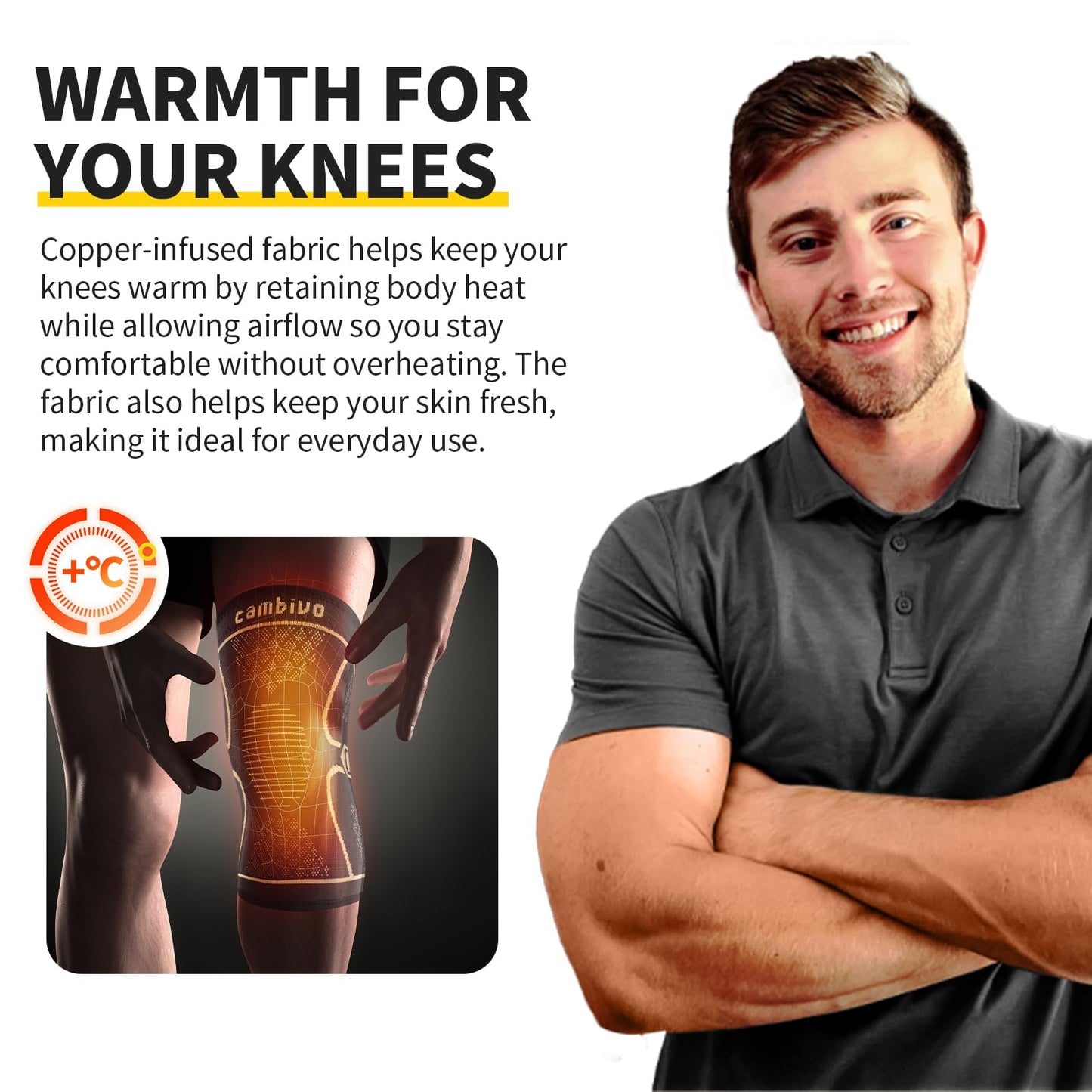 CAMBIVO Copper Knee Braces for Men and Women (2 pack) -Knee Supports Copper Compression Knee Sleeve for Knee Pain, Arthritis, Sports and Recovery Support (Gold, Large)