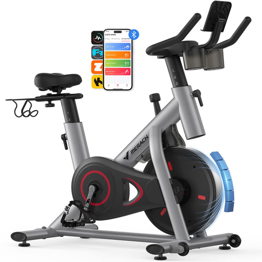 MERACH Exercise Bike, Brake Pad/Magnetic Stationary Bike with Exclusive App, Low Noise Indoor Cycling Bike with 270LBS Weight Capacity, Dumbbell Rack and Fitness Courses for Weight Loss