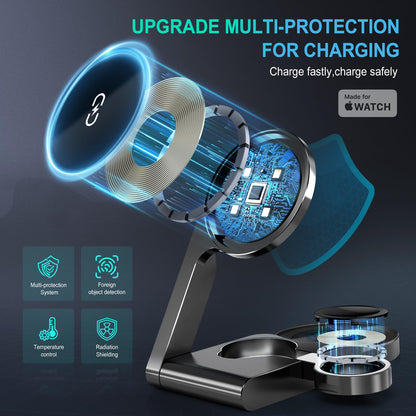 UltraQ M16 3 in 1 Charging Station Aluminum Alloy Foldable MagSafe Compatible Charger for iPhone 16 15 14 13 12 Series Wireless Charging Station (Metal Gray)