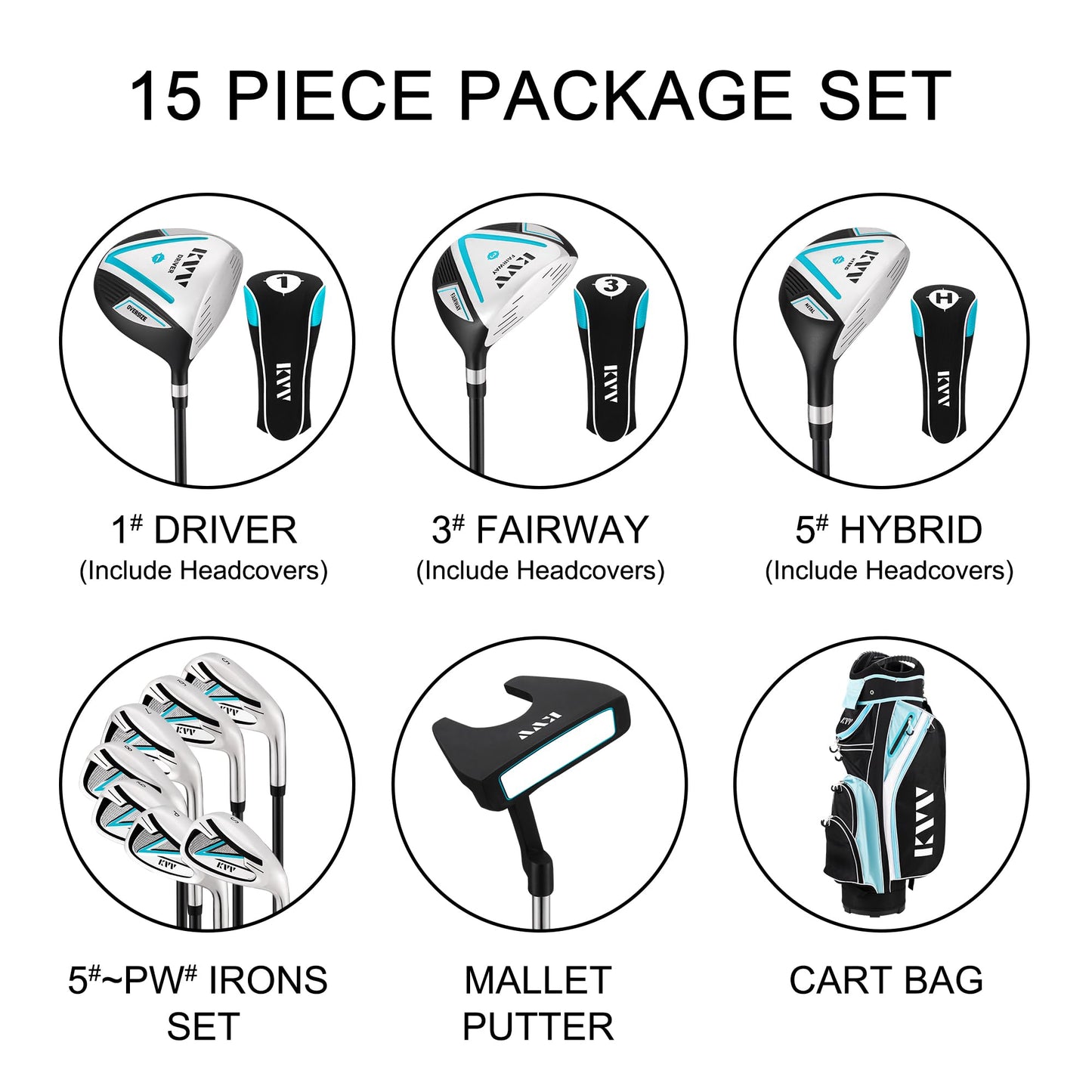 KVV Women’s Complete Golf Clubs Package Set Includes Driver, Fairway, Hybrid, 5#-P# Irons, Putter, Cart Bag, Head Covers, Right Handed