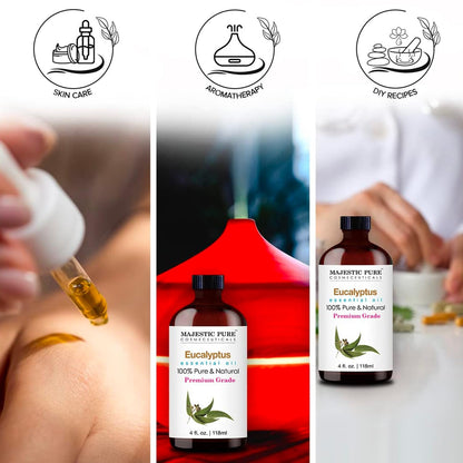 MAJESTIC PURE Eucalyptus Essential Oil | 100% Pure and Natural Eucalyptus Oil | Premium Grade Essential Oils for Hair Care, Home Diffusers, Skin, Aromatherapy, Massage and Humidifiers | 4 Fl Oz