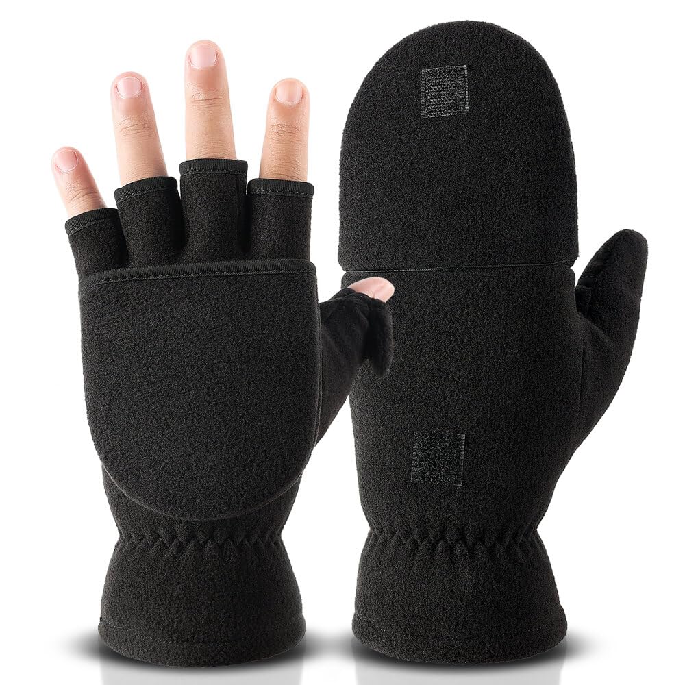 OZERO Winter Gloves for Men Women: Fingerless 3M Convertible Mittens with Flap Warm Thermal Polar Fleece,Touch Screen Work Running Driving Cycling Womens Mens Gloves Winter in Cold Weather(Medium)