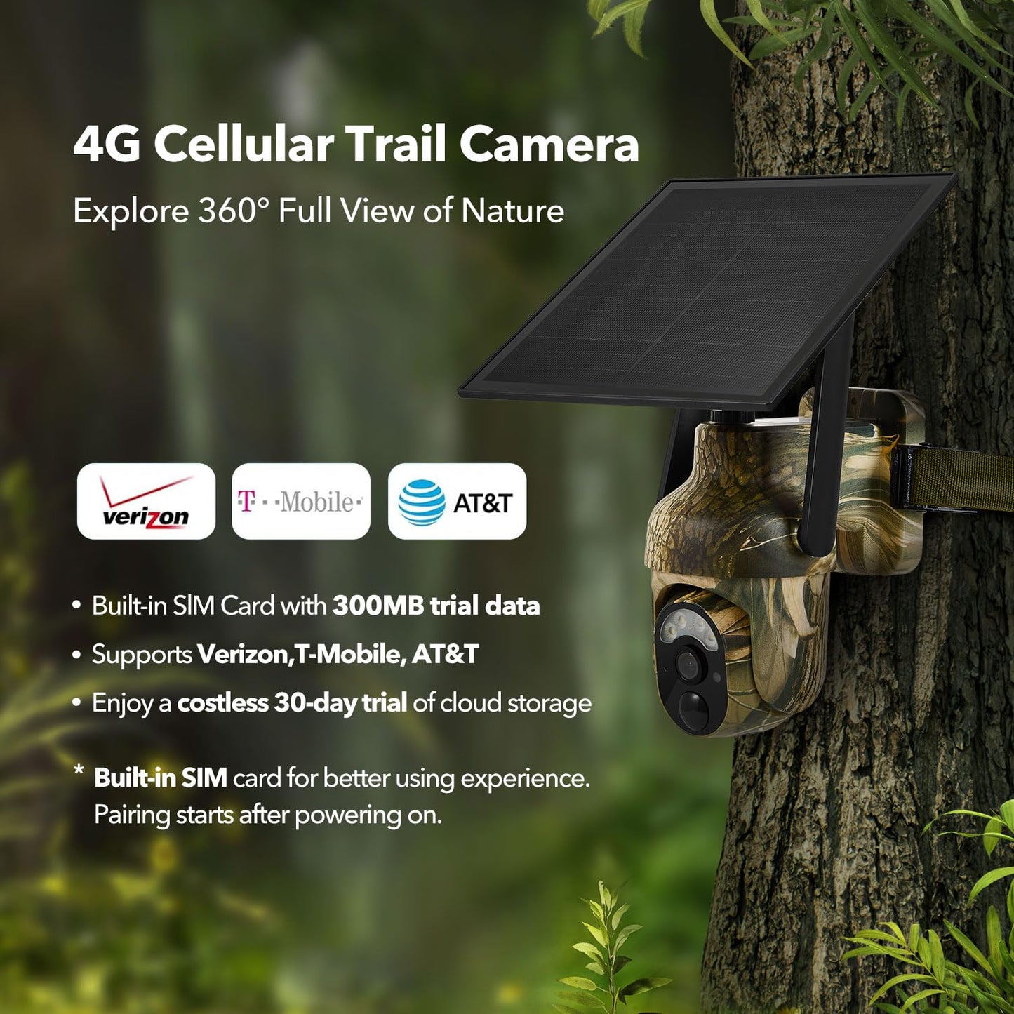 4G LTE Cellular Trail Cameras 2K 360° View Live Streaming Game Camera Built-in SIM Card with Motion Activated Color Night Vision Remote Phone Access Solar Powered Trail Camera IP65 Waterproof