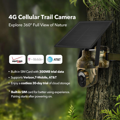4G LTE Cellular Trail Cameras 2K 360° View Live Streaming Game Camera Built-in SIM Card with Motion Activated Color Night Vision Remote Phone Access Solar Powered Trail Camera IP65 Waterproof