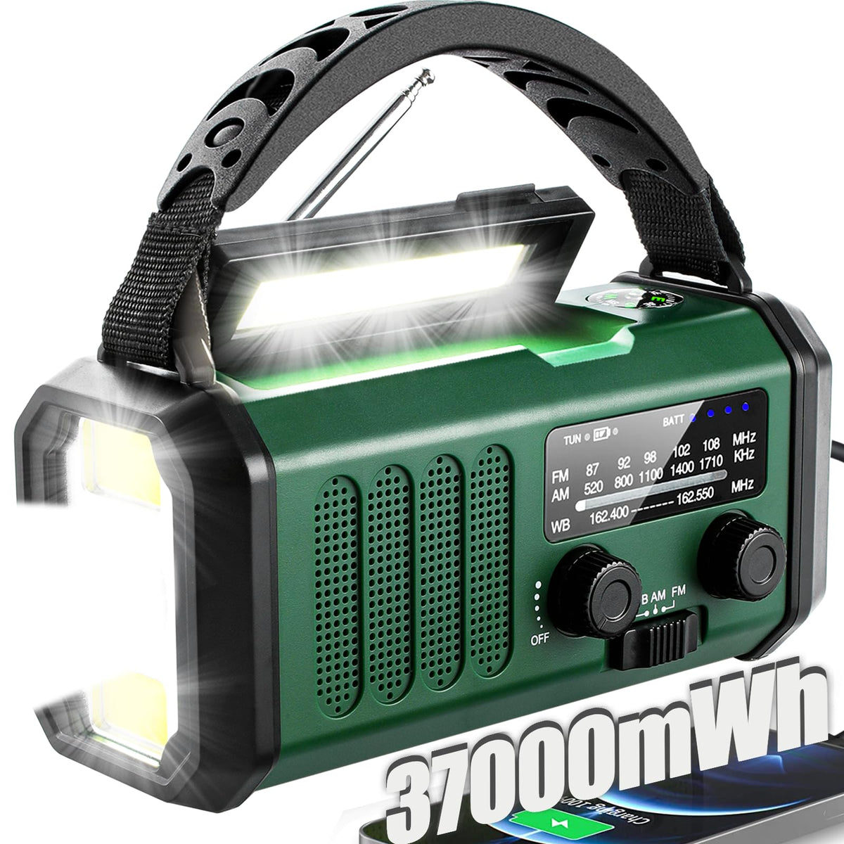 QAUYYW Hand Crank Emergency Radio,37000mWhSolar Powered Hand Crank Portable NOAA AM FM Weather Radio with 3Mode Flashlight and Reading Light,Cell Phone Charger,Home and Emergency Distress Signal