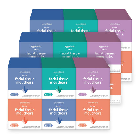 Amazon Basics Facial Tissue with Lotion, 2-Ply, 1350 Count (18 Packs of 75), (Packaging May Vary)