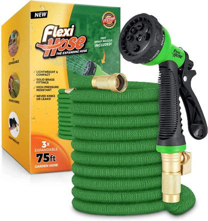 Flexi Hose with 8 Function Nozzle, 50FT - Lightweight Expandable Garden Hose, No-Kink Flexibility, 3/4 Inch Solid Brass Fittings and Double Latex Core - Green