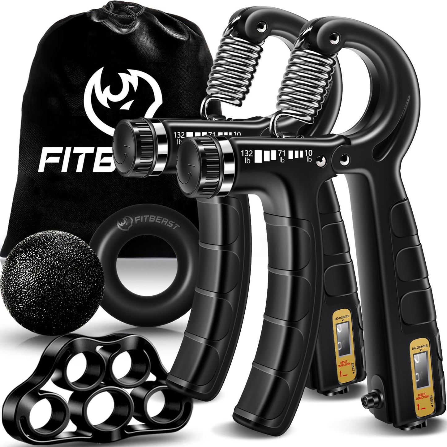 FitBeast Hand Grip Strengthener Workout Kit (5 Pack) - 2 Forearm Adjustable Resistance Grippers, Finger Stretcher, Ring & Stress Relief Ball for Athletes (Black)