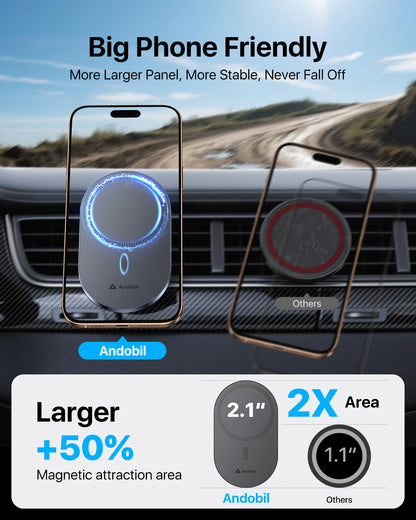 andobil 2025 Upgraded for Magsafe Car Mount [Biggest Panel, Big Phone Friendly] 360° Rotation Magnetic Phone Holder for Car Vent Suitable for iPhone 16/15/14 Pro Max Samsung S25/S24 (Grey)