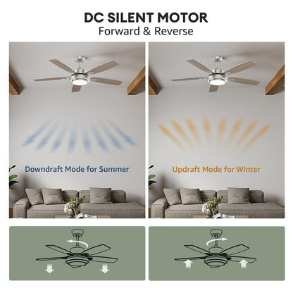 52 Inch Nickel Ceiling Fans with Lights and Remote Control for Bedroom, Modern Ceiling Fan with Quiet Reversible DC Motor, 3CCT, Dimmable, LED for Living Room, Patio, Indoor and Outdoor