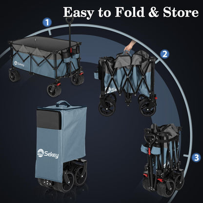 Collapsible Wagon Cart with Big All-Terrain Beach Wheels, Foldable Heavy Duty Wagons with Cup Holders, Utility Carts for Camping, Garden, Outdoor, Grocery, Sports. Blue & Gray