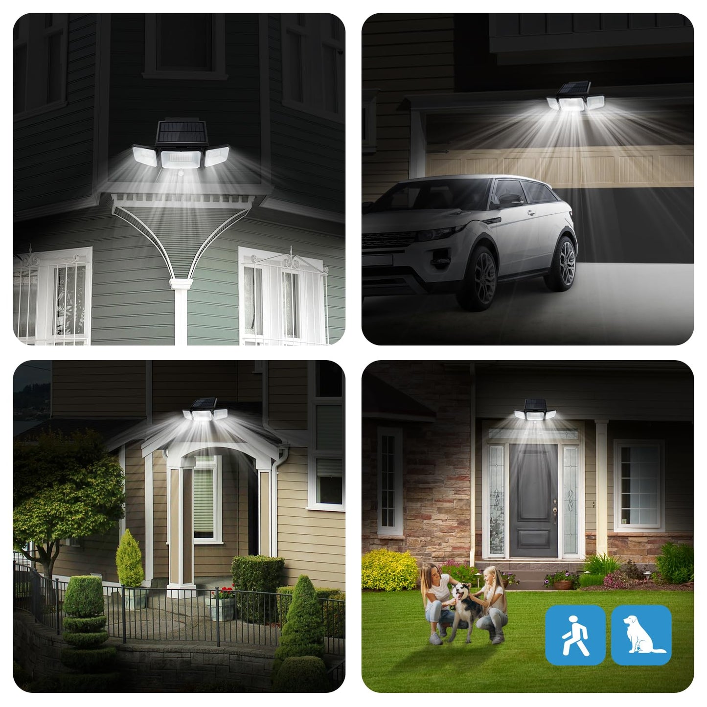 Solar Outdoor Lights with Remote Control, Motion Sensor, 3 Modes, 3 Heads LED Security Lights, IP65 Waterproof, Wide Angle