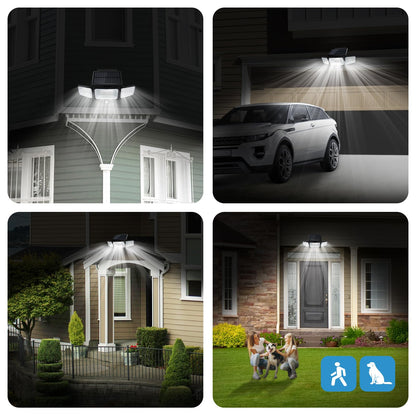 Solar Outdoor Lights with Remote Control, Motion Sensor, 3 Modes, 3 Heads LED Security Lights, IP65 Waterproof, Wide Angle