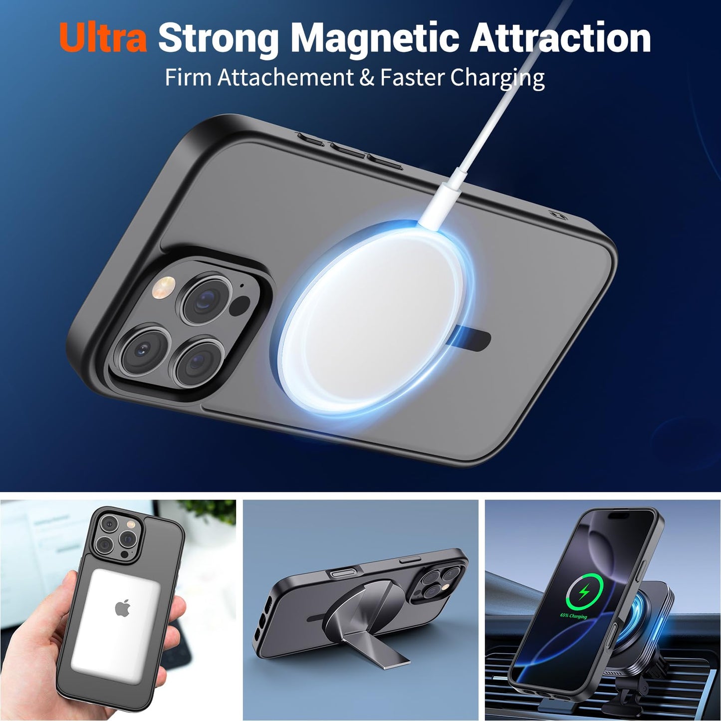 SUPFINE Magnetic for iPhone 16 Pro Max Case (Compatible with MagSafe) (Military Grade Drop Protection) Translucent Matte Shockproof Phone Cover, Black