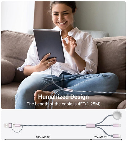 Temdan for Travel Essentials,3 in 2 USB C Cable for Apple Watch Charger/iPhone 17 Charger/Lightning,Multi Charging Cable Cord,Vacation Camping Essentials,Portable Designed for iWatch &iPhone 16-12-4FT