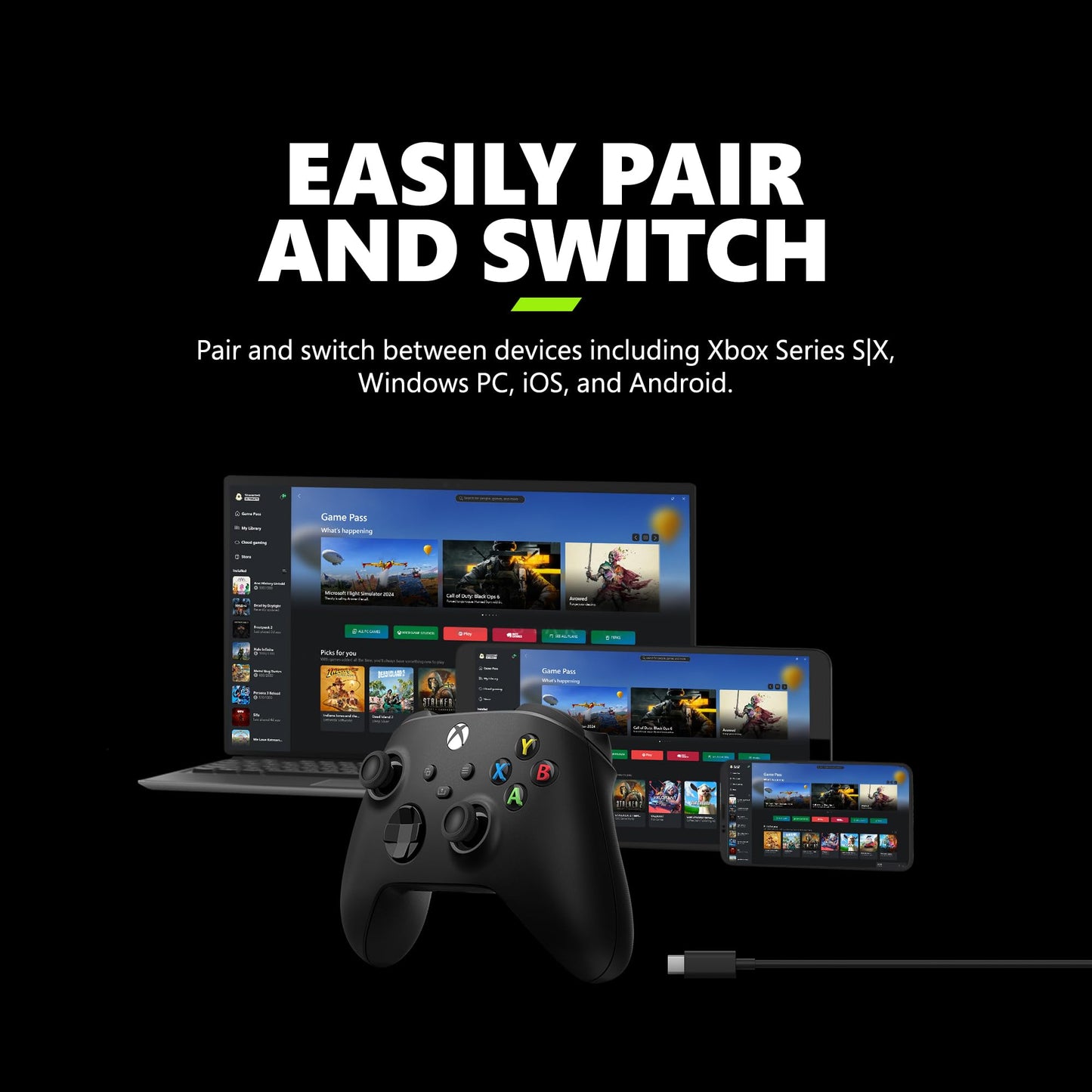 Xbox Wireless Gaming Controller + USB-C® Cable (2025) – Carbon Black – Play on Xbox, Windows, Android, iOS, FireTV Sticks, Smart TVs, VR Headsets