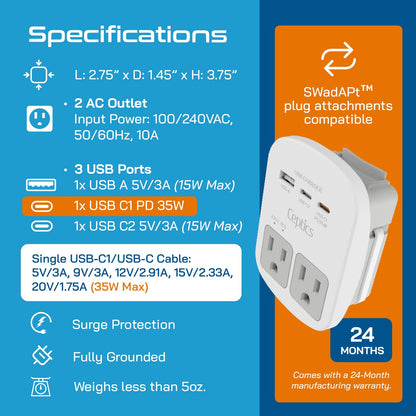 Ceptics Universal Travel Adapter Kit – 2 USA sockets, 2 USB-A (1x QC 3.0) and USB-C cable, Surge Protected, Plugs for EU, UK, China, AU, Japan - Use with Laptop, Phones, Cameras - ETL Tested