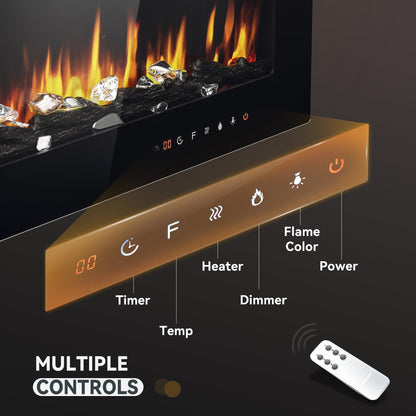 EUHOMY 50 Inch Electric Fireplace Wall Recessed and Wall Mounted with Adjustable Flame Color, Fireplace Heater with Remote Control, Linear Fireplace with Timer, Touch Screen, Log & Crystal, 750/1500W
