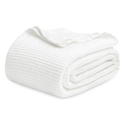 Bedsure 100% Cotton Blanket Queen Size for Bed - Breathable and Soft, Waffle Weave Blanket for Summer Spring, White, 90x90 Inches