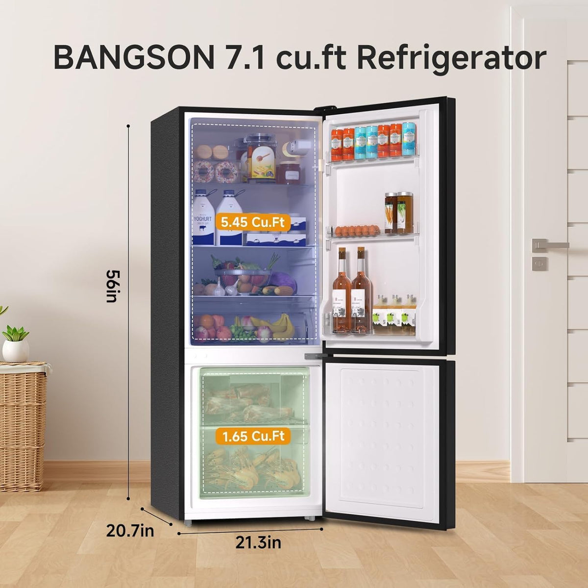 BANGSON 7.1 Cu.Ft Refrigerator with Freezer, Apartment Size Fridge with Bottom Freezer, Large Capacity, Energy Saving, Adjustable Thermostat, Low Noise, Black