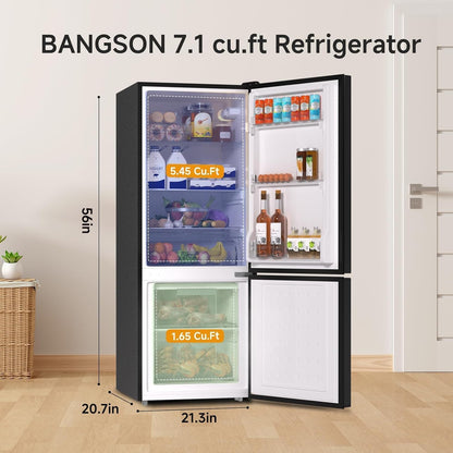 BANGSON 7.1 Cu.Ft Refrigerator with Freezer, Apartment Size Fridge with Bottom Freezer, Large Capacity, Energy Saving, Adjustable Thermostat, Low Noise, Black
