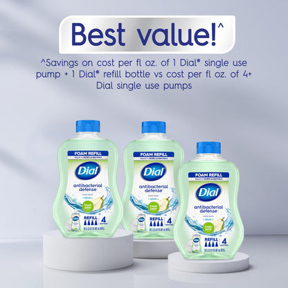Dial Antibacterial Defense Foaming Hand Soap + Aloe, Fresh Pear Scent, 30 Fl Oz Hand Soap Refill (Pack of 4), Dermatologist-Tested, Gentle on Skin