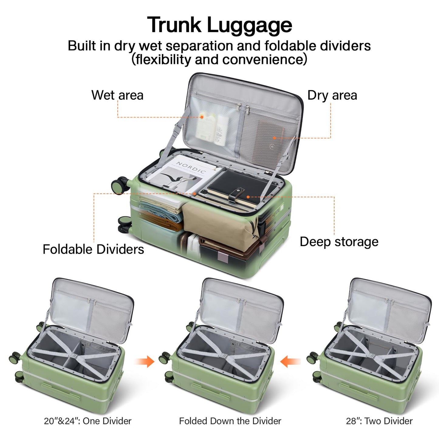 Hanke 28 Inch Luggage with Cup Holder and Charge,Top Opening Hard Shell Suitcases with Wheels and Dividers,Aluminum Frame Trunk Luggage Extra Large Suitcase with Lock for Travel，Bamboo Green