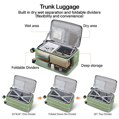 Hanke 28 Inch Luggage with Cup Holder and Charge,Top Opening Hard Shell Suitcases with Wheels and Dividers,Aluminum Frame Trunk Luggage Extra Large Suitcase with Lock for Travel，Bamboo Green