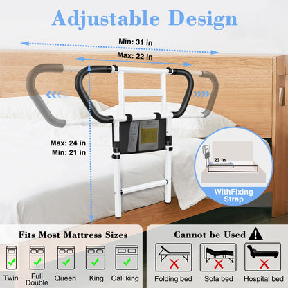 easymake Bed Rails for Elderly Adults Safety: Adjustable Bedside Assist Rails with Storage Pockets, Non-Slip Handles, Motion Sensor Light, Items for Elderly Bed Rail, 400LB Gravity Capacity