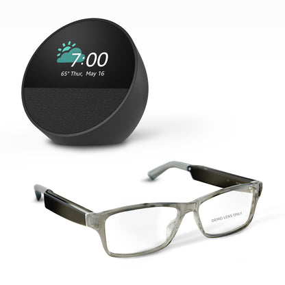 Amazon Echo Frames (newest model) + Echo Spot (newest model), Smart Glasses with Alexa, Modern Rectangle frames in Charcoal Gray with prescription ready lenses