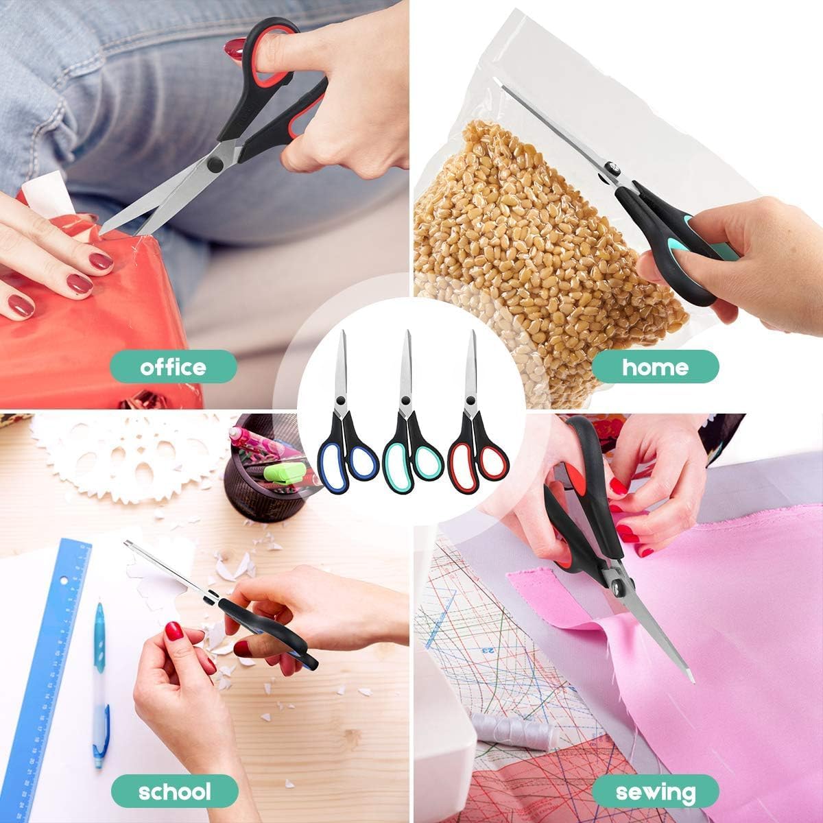 3 Pack 8" Stainless Steel Scissors with Ultra Sharp Blades and Comfort Grip Handles Scissors All Purpose For Office Home School Sewing Crafts