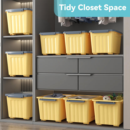 Nazhura Plastic Storage Bin, Stackable and Nestable Storage Boxes with White Lids and Secure Latching Buckles, Large Storage Container (Yellow/Purple, 72Quart-6Pack)