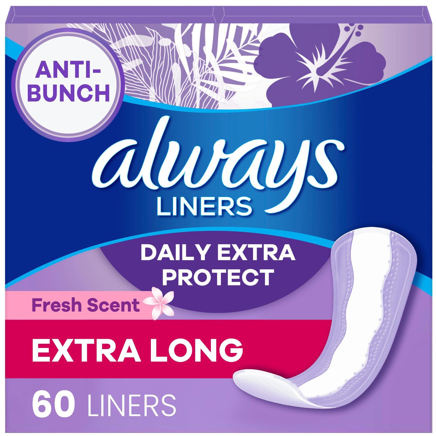 Always Daily Extra Protect Liners, Extra Long Length, Scented Panty Liners, Feel Clean and Comfortable for up to 10 Hours, 60 Count (Packaging May Vary)
