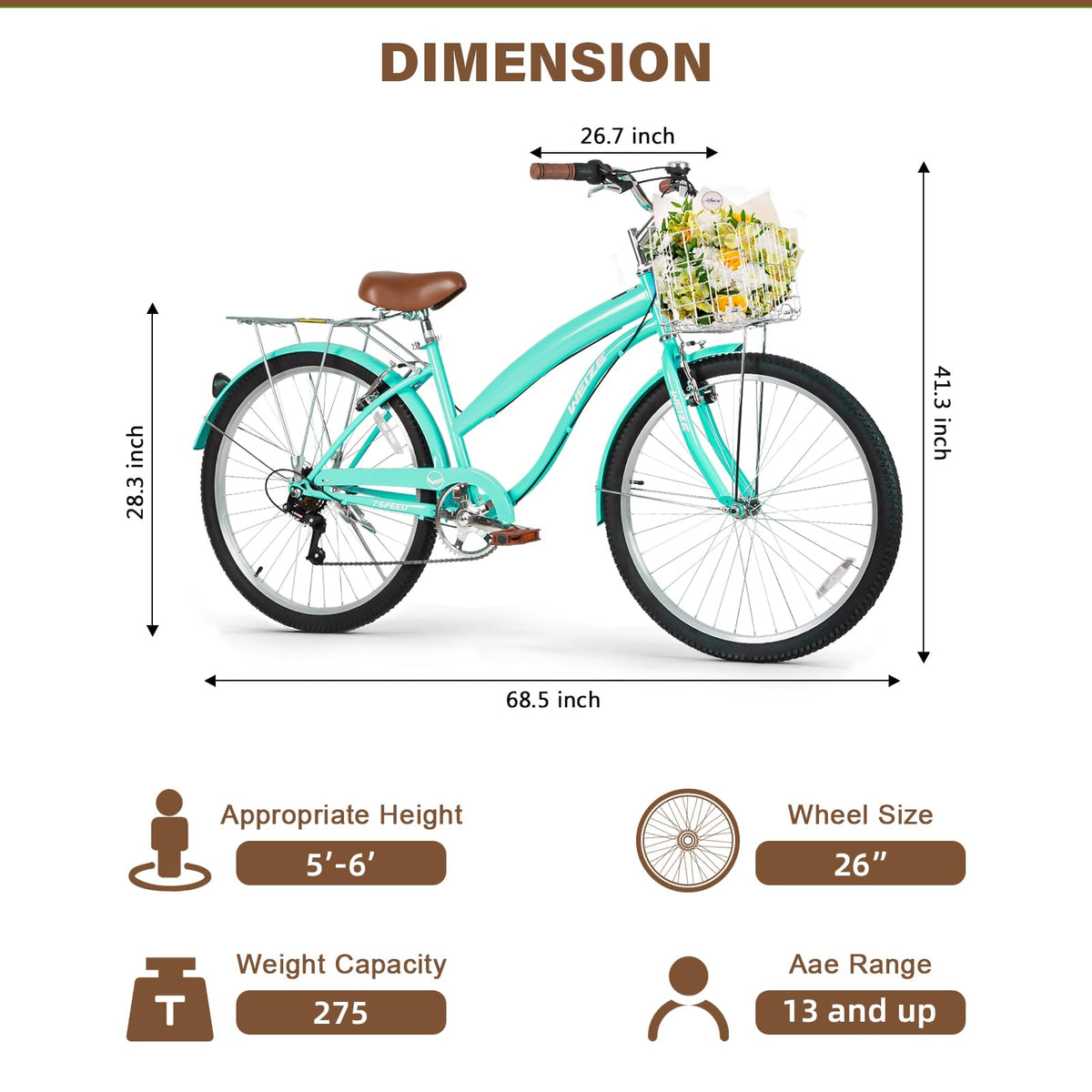 WEIZE Beach Cruiser Bike, 26 inch Commuter Bicycle for Adult Men and Women, 7-Speed/High-Carbon Steel/Front & Rear Fenders, Comfortable City Bikes with Rear Rack&Basket, Teal