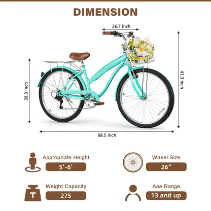 WEIZE Beach Cruiser Bike, 26 inch Commuter Bicycle for Adult Men and Women, 7-Speed/High-Carbon Steel/Front & Rear Fenders, Comfortable City Bikes with Rear Rack&Basket, Teal
