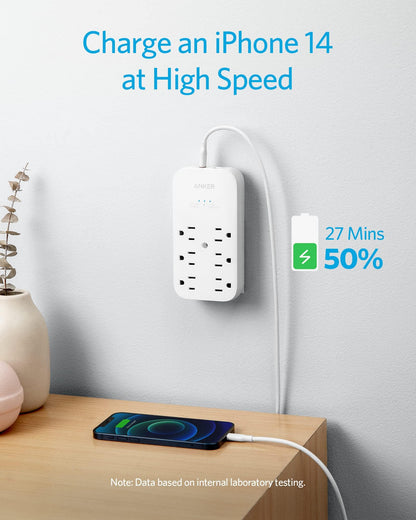 Anker Outlet Extender and USB Wall Charger, 6 Outlets and 2 USB Ports, 20W USB-C Power Delivery High-Speed Charging iPhone 15/15 Plus/15 Pro/15 Pro Max, Multi-Plug for Dorm, Home, and Office