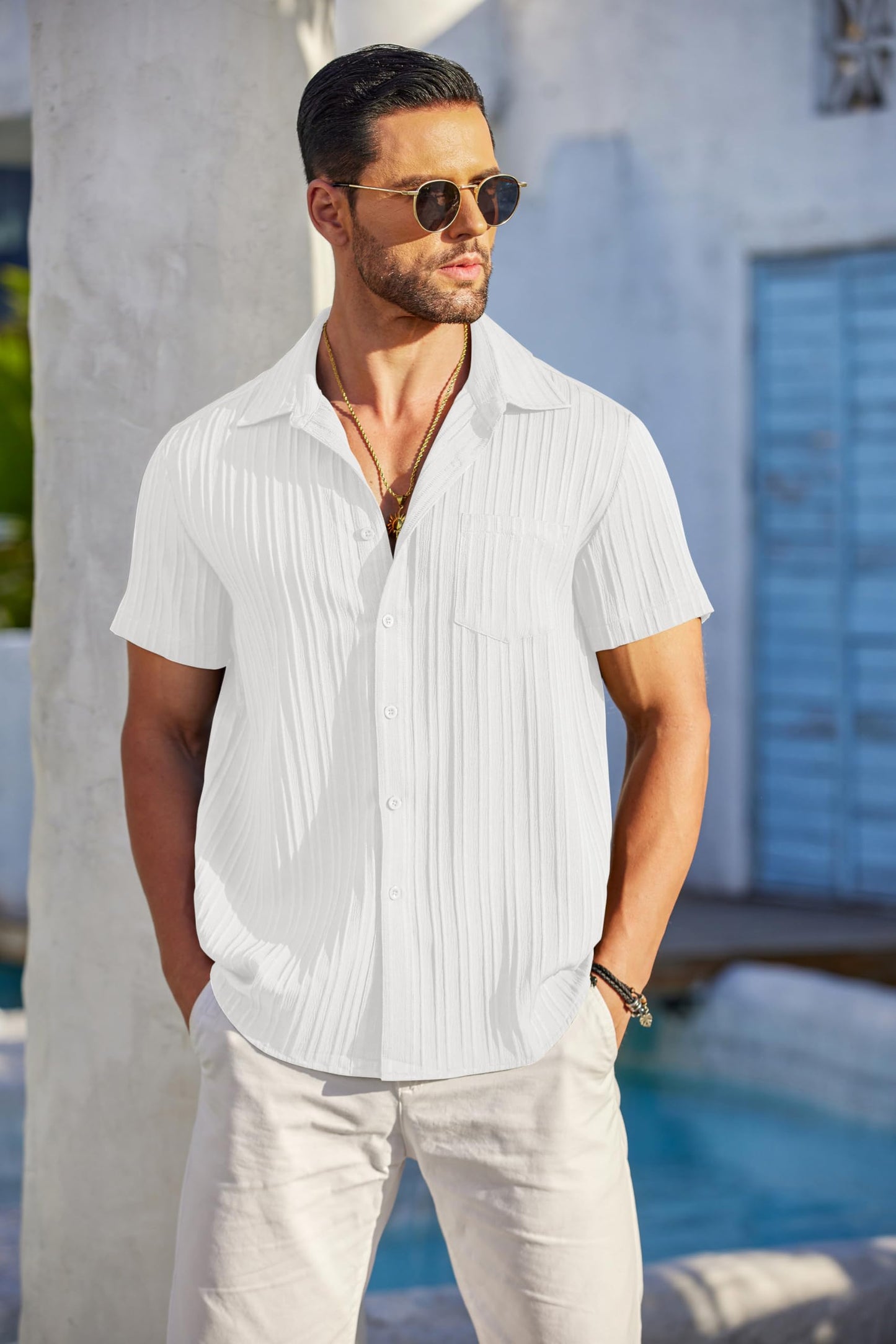 COOFANDY Men's Summer Linen Shirts Short Sleeve Button Down Shirts for Men Fashion Beach Casual Shirt A-White