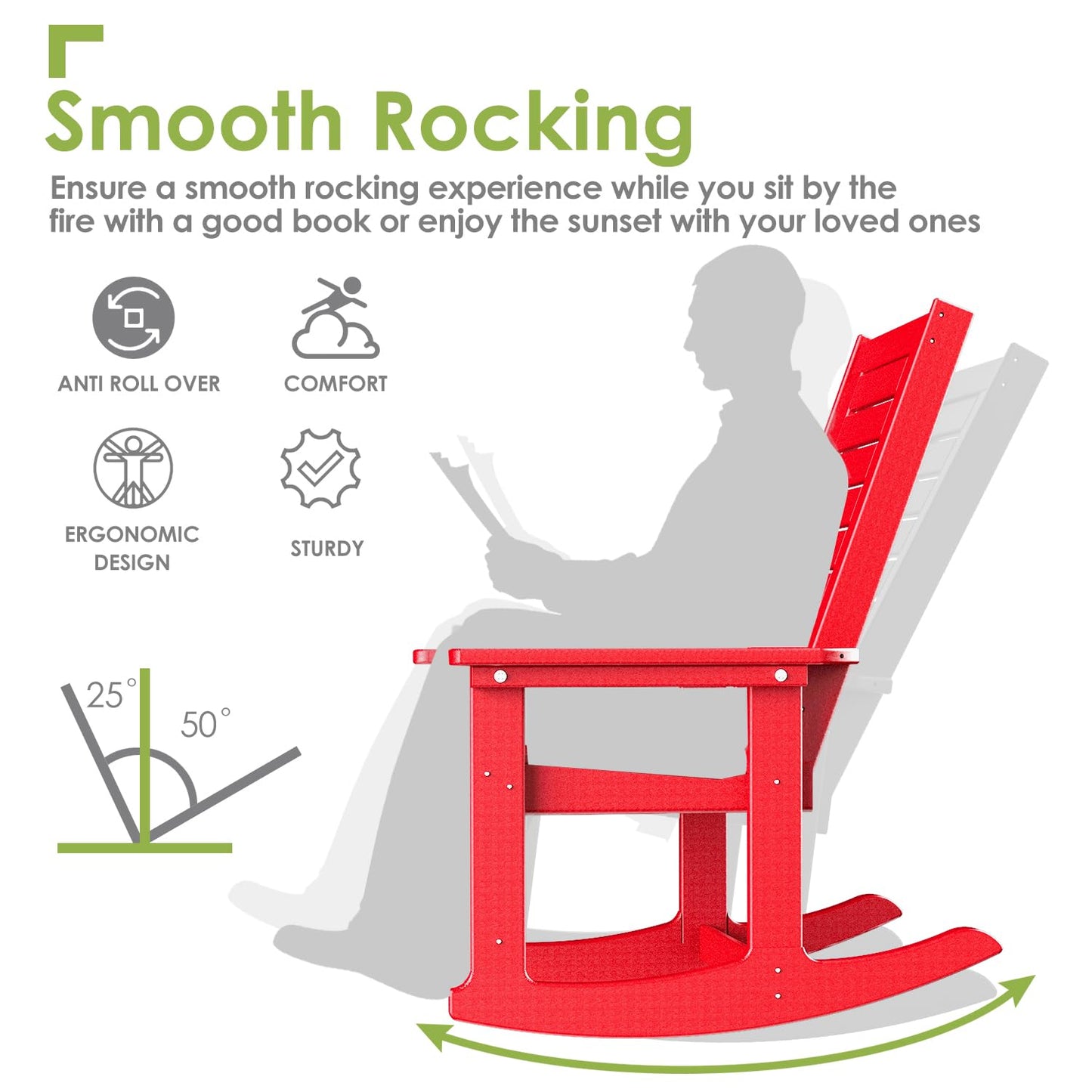 GREENVINES Outdoor Rocking Chairs | Set of 2 | Porch Rocker | HDPE Plastic | Red | Oversized Rockers | High Back | Big & Tall | Ladder Back | for Patio Outside Backyard Balcony