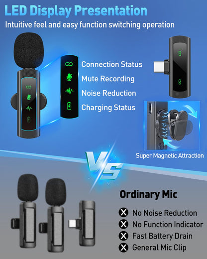 QUZAZBU USB C Wireless Lavalier Microphone for iPhone 15 16, Mini LED Display Microphone for Android with Noise Reduction, Lapel Magnetic Clip-on Mic for Recording Content Creator Vlog Tiktok YouTube
