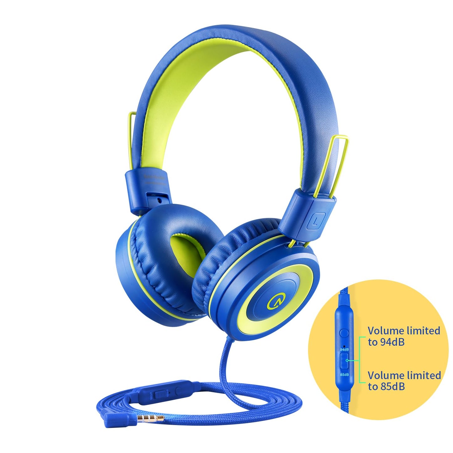 noot products Kids Headphones with Microphone K12 Stereo 5ft Long Cord with 85dB/94dB Volume Limit Wired On-Ear Headset for iPad/Amazon Kindle,Fire/Toddler/Boys/Girls/School(Blue/Lime)
