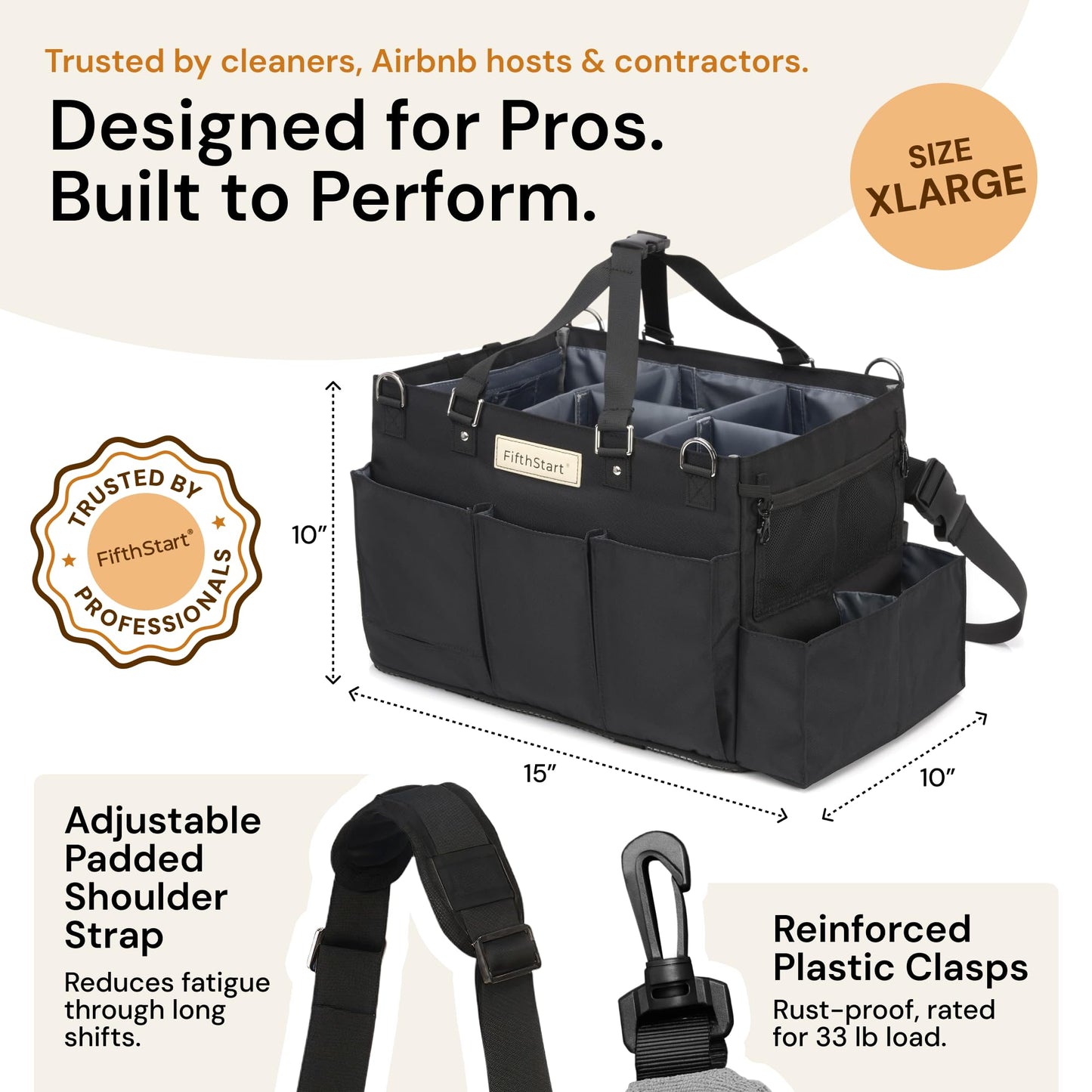 FifthStart Cleaning Supplies Organizer Tote & Caddy - X-Large, Black Nylon - Adjustable Straps for Cleaning Tote - 9 Pockets & Dividers in Organizer Bag - Durable Nylon Construction for Diaper Caddy