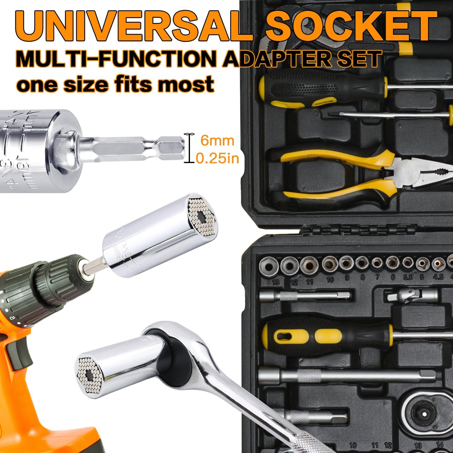 Gifts for Men, Stocking Stuffers for Adults Men, Super Universal Socket Tool, Birthday Christmas Dad Gifts for Dad Him Husband, Grip Socket Set w/Power Drill Adapter, Cool Tools Gadgets for Mens Gifts